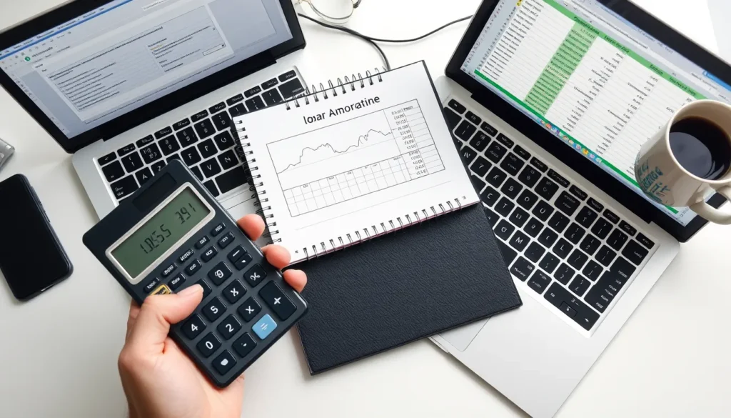Hand holding calculator and notebook with amortization chart, laptop with spreadsheet, coffee mug on desk.