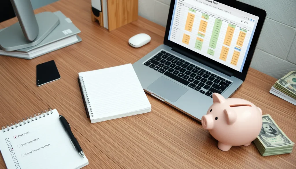 Office desk with laptop, spreadsheet, notepad, piggy bank, and bills.