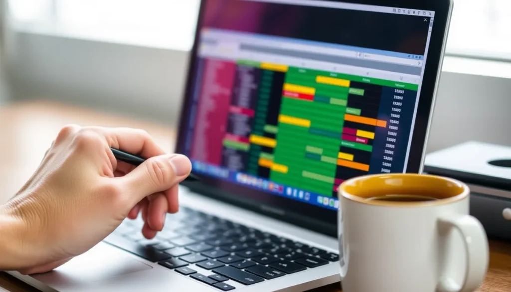 Laptop screen with spreadsheet, hand holding stylus, coffee mug.