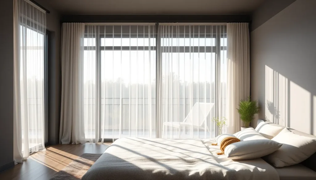 Modern room with large window, sheer curtains, sunlight streaming in, illuminating a light-colored sofa and plant.